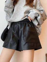 Women's Shorts Black Split Women Elastic Waist Pockets Loose Simple Trendy Pu Leather Autumn Casual Female All-match Oversized Fashion