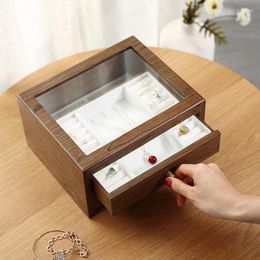 Jewellery Pouches Casegrace Large Wooden Box Organiser With Drawer Glass Display Wood Earring Ring Necklace Jewellery Storage Case Casket