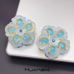 Stud Earrings Double Layer Floral Metal Chain Blue Resin Flowers For Women Girl Trendy Vintage Sweet Party Jewellery HUANZHI 2023
