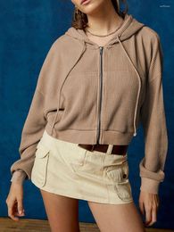 Women's Hoodies Waffle Crop Zip Up Solid Color Long Sleeve Slim Short Jacket With Pockets Female Autumn Spring Coat Streetwear