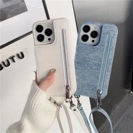 Luxury Crossbody Folio Jeans Zipper Vouge Phone Case for iPhone 15 Plus 14 13 12 11 Pro Max XR XS Dual Card Slots Leather Wallet Chain Back Cover with Makeup Mirror