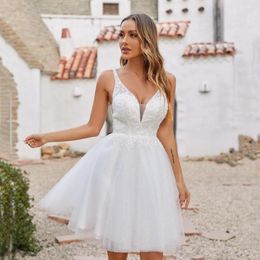 Wedding Dress Simple Double V-neck Short Dresses Glitter Tulle A-line Mini Party Gown Appliqued Little White