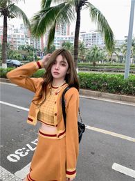 Work Dresses Flykcoozooi Pure Desire Three Piece Suit Women 2023 Spring Summer Knit Sweater Plaid Vest Coat Mini Skirt Set Ladies Y2k