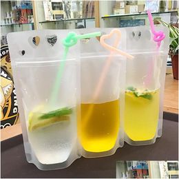 Storage Bags Heart Shape Design Plastic Frosted Drink Packaging Bag Pouch For Beverage Juice Milk Coffee With Handle And Holes St Lx Dhby9