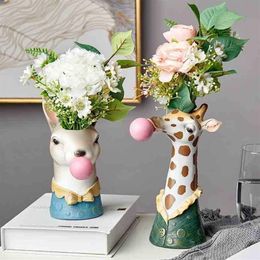 Resin Cartoon Animal Head Vase Flower Pot Bubble Gum Zebra Giraffe Panda Deer Bunny Bear Animal Creative Crafts Decoration 210409256S