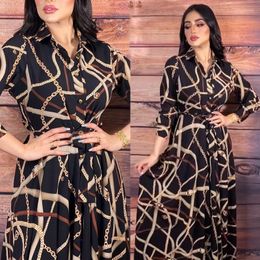 Ethnic Clothing European Muslim Abaya Dress Jalabiya For Women Black Kaftan V-neck Printed With Belt Plus Size Caftan African Maxi