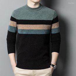 Men's Sweaters Warm Sheep Wool Clothes For Men Autumn & Winter O-Neck Wide Stripes Sweater Patchwork Colours Cashmere Jumpers