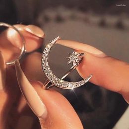 Cluster Rings Fashion Sparkling Zircon Crescent Moon Star Ring Light Luxury Temperament Opening Finger Women Jewellery Gifts