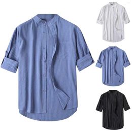 Men's T Shirts Male Casual Striped Roll Up Sleeve Shirt Stand Collar Half Pocket Blouse