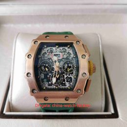 Top Quality Mens Watch 44mm x 50mm RM11-03 Skeleton 18k Rose Gold Designer Watches Green Rubber Bands Sapphire Transparent Mechanical Automatic Men's Wristwatches