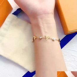 Charm Bracelets Manifold Classic Bracelets Bangle 18K Gold Plated Stainless Steel Flower Letter Pendants Lovers Gift Wristband Cuff Ch Dhxip