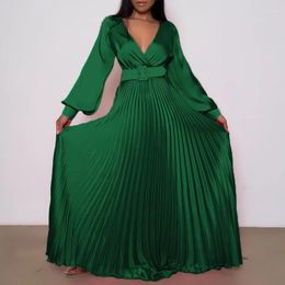 Casual Dresses Sexy Deep V Neck Solid Color Long Dress Elegant Sleeve High Waist Pleated Robe Women Autumn Satin Big Hem Party