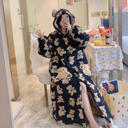 Women's Sleepwear Women 2023 Winter Flannel Robe Three Layers Thick Nightwear Hooded Keep Warm Coral Velvet Casual Home Clothes