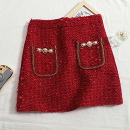 Skirts Elegant Pocket A-line Skirt Women 2023 Winter Woven Short Slim Package Hip Chic Y2K High Waist Sexy Party