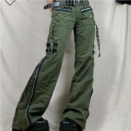 Women's Jeans Pants Gothic Punk Baggy Vintage Trousers Bandage Low Waist Cargo Grunge Green Zipper Streetwear Female