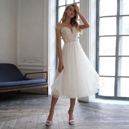 Wedding Dress ADLN Scoop Short Sleeves Tea Length Reception Dresses Little White Gown Glitter A-line Beaded Party Wear