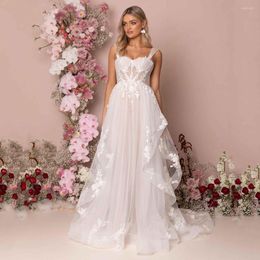 Wedding Dress Long Boho A-Line Backless 3D Flowers Spaghetti Straps Bride Dresses Princess Floor Length Ruffles Gowns