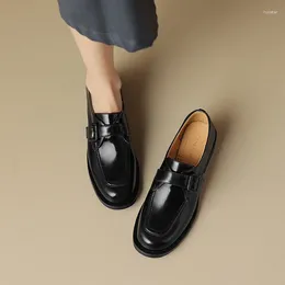 Dress Shoes EAGSITY British Style Cow Leather Oxford Buckle Women Casual Brogue Square Heel Round Toe Derby