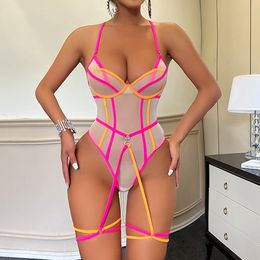 Color Fantasy Lingerie Set Bodysuit Porn Transparent Lace Body Sheer Mesh Sexy Costume Sissy Crotchless Fancy Naked Tulle Tight