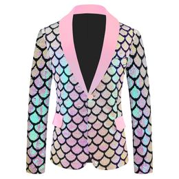 Glitter Fish Scale Sequins Velvet Blazer Men Slim Fit Tuxedo Shiny Party Suit Jacket Shawl Collar Wedding Banquet Singer Stage Show Performance Costume