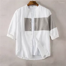 Men's Casual Shirts Men Summer Linen Shirt Three Quarter Sleeve Patchwork Linens Stand Collar Soft Oversize Male Clothing 2023