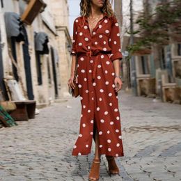 Casual Dresses Autumn Polka Dot Print Maxi Dress Women'S Button Slit Long Flowy Shirt Lapel Sleeve Belt Length