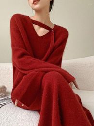 Casual Dresses Red Sexy Elegant Knitted Dress Women V-neck Designer Fashion Party Long Female Sleeve Korean Vintage 2023