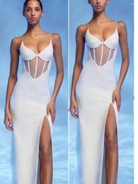 Casual Dresses Women Fashion Sexy Sleeveless V Neck Mesh White Maxi Long Bodycon Bandage Dress 2023 Elegant Evening Party Club Vestidos