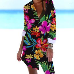 Women's Blouses Fashion Flower 3D Print Sexy Beach Women Long Sleeve Floral Blouse Mid-length Shirts Buttons Woman Shirt Pocket Tops