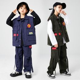 Stage Wear Kids Hip Hop Clothing Navy Blue Sleeveless Jacket Casual Street Belt Cargo Pants For Girl Boy Kpop Jazz Dance Costume Clothes