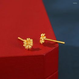 Stud Earrings Pure 24K Yellow Gold Women 3D Flower 1pcs