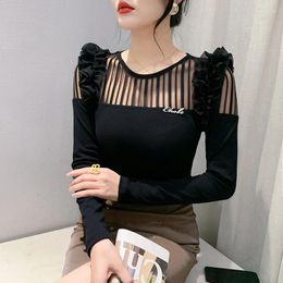 Women's T Shirts Autumn Winter Long Sleeve Shirt Women O-neck Mesh Ruffles Tight Patchwork Tees Female Skinny Cotton Tops