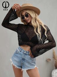 Women's T-Shirt 5 ColorsKnitted Loose Mesh Crop Top Women Sexy Long Sleeve Pullover See-Through Fishnet T-Shirt Blouse Casual Streetwear y2k P230328