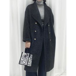 Women's Fur Faux Handmade Long Stand Collar DoubleBreasted DoubleSided Wool Coat Woolen Extended Elegant 2023 Autumn and Winter 231123