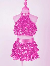 Stage Wear Teen Girls Modern Jazz Latin Ballet Dance Costume Halter Shiny Sequins Crop Top With Skirted Leotard Shorts Outfits