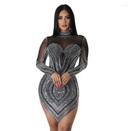 Casual Dresses Evening Party Slim Sexy Women Clothing Short Dress Long Sleeved Round Neck Diamond Irregular African Summer XL