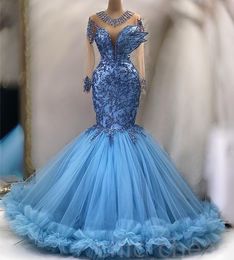 April Aso Ebi Mermaid Lace Prom Sky Blue Tulle Evening Formal Party Second Reception Birthday Engagement Gowns Dress Robe De Soiree Zj627 407