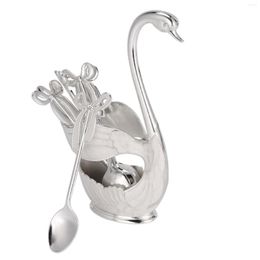 Dinnerware Sets Set Zinc Alloy Fruit Cake Fork Coffee Tea Spoon Swan Holder Cutlery 1XSwan 6XSpoons Silver