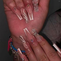 False Nails False Nails 24pcs French White With Colorful Diamond Designs Long Coffin Gradient Fake Set Press On Ballerina Nail Tips