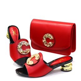 2 Women Real Ladies Leather Summer Sandals Metal Low Chunky Heels Open Toes C Letter with Hand Bag the Set Sets Wedding Slipper Dress Sexy Shoes Size