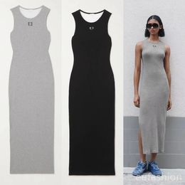 Women Anagram Maxi Tank Dress Top in Ribbed Blend Cotton Knit Jersey with An Embroidered