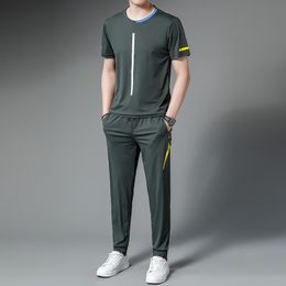 Men's Tracksuits Minglu Summer Men's Sets T-shirtsPants Luxury Short Sleeve Round Collar Sport Casual Male Suits Elastic Waist Man Pants 4XL 230424