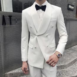 Men's Suits Fashion White Male Suit Chic Shawl Lapel Double Breasted Blazer Set Party Prom Formal Groom Wedding Tuxedo Slim Fit 2 Piece 2023