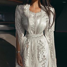 Party Dresses Luxury Dubai Moroccan Kaftan Ivory Evening For Women Wedding Elegant Long Sleeve Muslim Arabic Formal Dress SS439