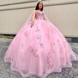 Pink Shiny Quinceanera Dresses Sweet Princess Ball Gown Birthday Party Gowns Applique Beads With Cape Vestidos De 15 Quinceanera