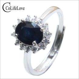 Real Sapphire Silver Ring 6mm x8mm Natural Black Sapphire Ring for Lady Solid 925 Sterling Silver Sapphire Ring Romantic Gift