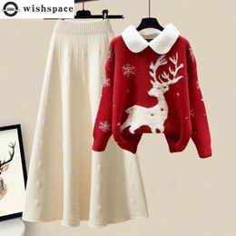 Two Piece Dress 2023 Winter Year Elk Snowflake Knitted Sweater Pullover Half Skirt Elegant Women s Set 231123