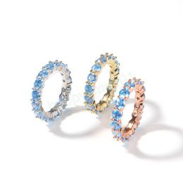 Hip Hop AAA Cubic Zirconia 1 Row Blue Zircon Stone Bling Iced Out Tennis Rings For Women Men Jewellery