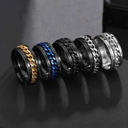 Band Rings Stainless Steel Rings Cool Black Spinner Chain Rfor Men Tire Texture Rotatable Links Punk Male Anel J231124