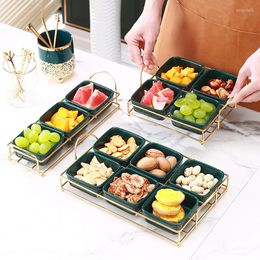 Plates Ceramic Fruit Platter Nordic Style Living Room Gold Bracket Multi-grid Candy Snack Plate For Nuts Olives Tray Home Ornaments